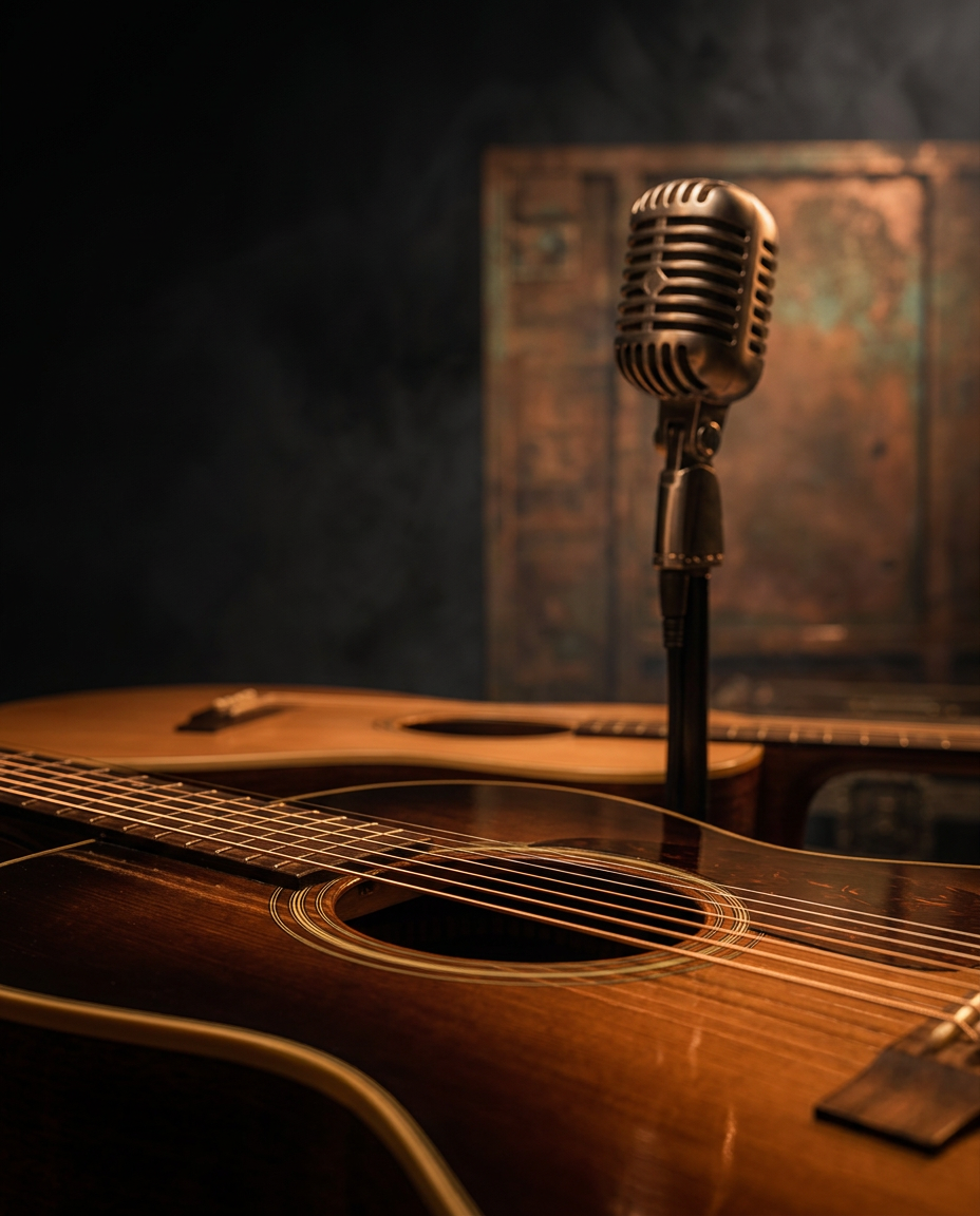 Detalhe de violões acústicos, cordas e microfone vintage sob luz âmbar